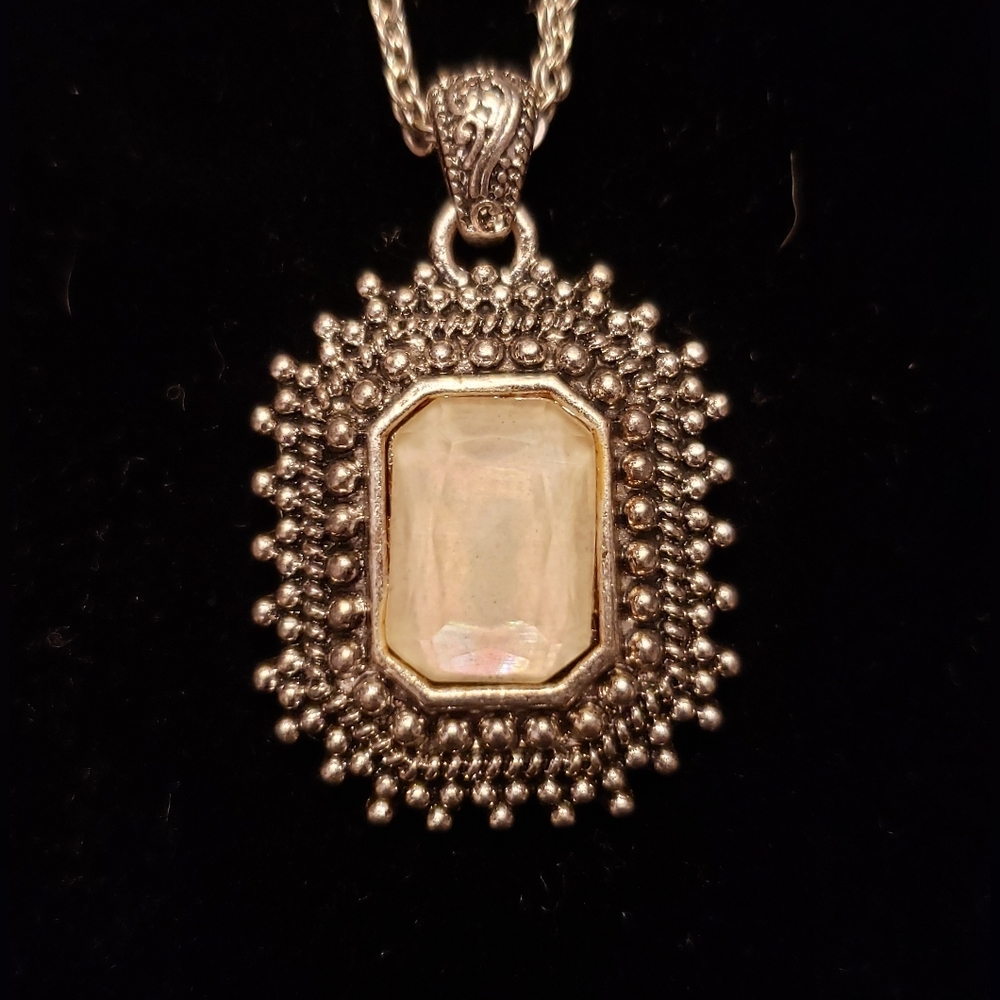 Necklace, Double Strand Long Chain, Beaded Victorian Style Surround On Faceted